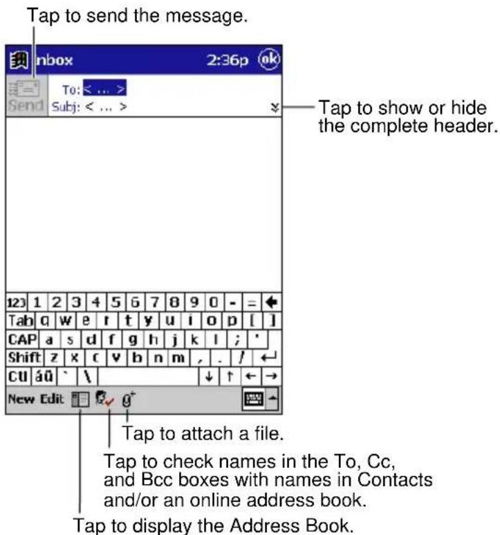Tap to send the message. Tape to show or hide the complete header. Tap to attach a file. Tap to check names in the To, Cc, and Bcc boxes with names in Contacts and/or an online address book. Tap to display the Address Book.