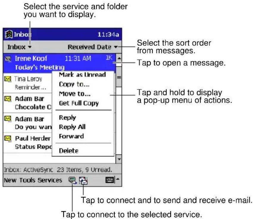 Select the service and folder you want to display. Inbox: 11:34a Inbox Received Date Irene Kopf 11:31 AM 1K Today's Meeting Mark as Unread Copy to... Move to... Get Full Copy Tina Leroy Reminder... Adam Bar Chocolate C Adam Bar Do you wan Paul Herder Status Repo Reply Reply All Forward Delete Inbox: ActiveSync 23 Items, 9 Unread. New Tools Services Tap to connect and to send and receive e-mail. Tap to connect to the selected service.