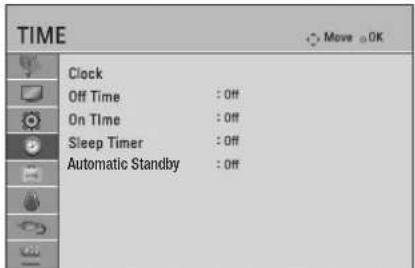 TIME Clock Off Time : Off On Time : Off Sleep Timer : Off Automatic Standby : Off