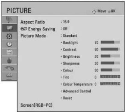 PICTURE Move OK Aspect Ratio : 16:9 Energy Saving : Off Picture Mode : Standard • Backlight 70 • Contrast 90 • Brightness 50 • Sharpness 50 • Colour 80 • Tint 0 ***** • Colour Temperature 0 ***** • Advanced Control • Reset Screen(RGB-PC)