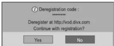 Deregistration code : ****** Deregister at http://vod.divx.com Continue with registration? Yes No