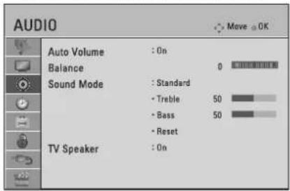 AUDIO Auto Volume : On Balance 0 Sound Mode : Standard • Treble 50 • Bass 50 • Reset TV Speaker : On