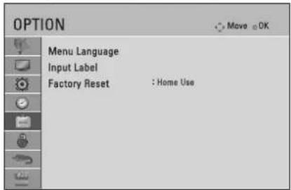 OPTION Menu Language Input Label Factory Reset : Home Use