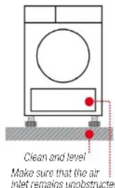 Clean and level Make sure that the air inlet remains unobstructed