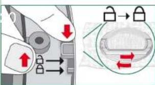 Diagram showing a door lock mechanism with red arrows indicating left and right motion, alongside a close-up of the lock component.