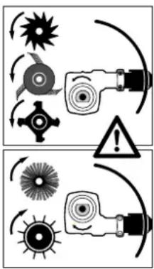 Diagram illustrating safety warning symbols and mechanical components, including sunburst, gear, warning triangle, and rotating parts.
