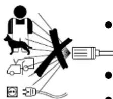 Diagram illustrating safety symbols including a dog, car, plug, and power plug with corresponding icons