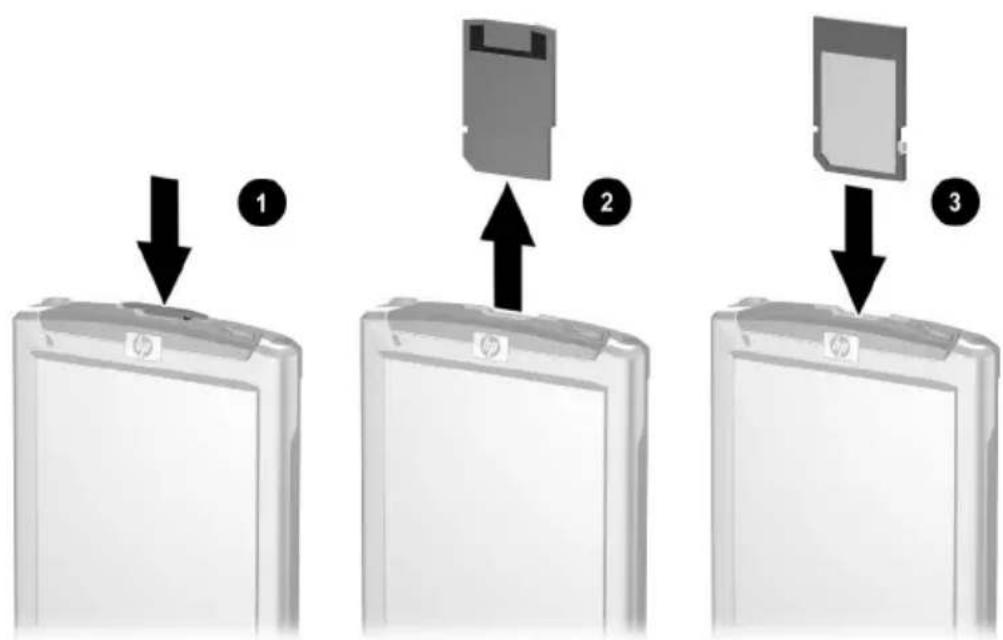 Diagram showing three-step installation of a floppy disk on a tablet, with arrows indicating downward movement.