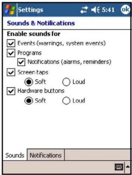 Settings 5:41 ok Sounds & Notifications Enable sounds for ✓ Events (warnings, system events) ✓ Programs ✓ Notifications (alarms, reminders) ✓ Screen taps ● Soft ○ Loud ✓ Hardware buttons ● Soft ○ Loud Sounds Notifications