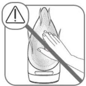 Warning symbol showing a hand using a fire extinguisher to indicate no hazard, with an exclamation mark in the top-left corner.