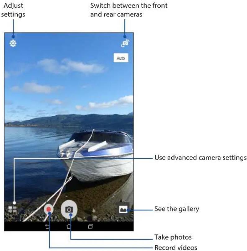 Adjust settings Switch between the front and rear cameras Auto Use advanced camera settings See the gallery Take photos Record videos