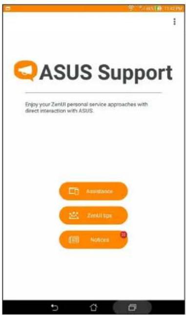 ASUS Support screen: 'Enjoy your ZerUI personal service approaches with direct interaction with ASUS.' Options: Assistance, ZerUI tips, Notices.