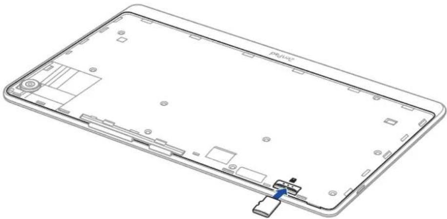 Technical line drawing of a tablet device showing internal components and a blue arrow pointing to a component. No text or symbols present.