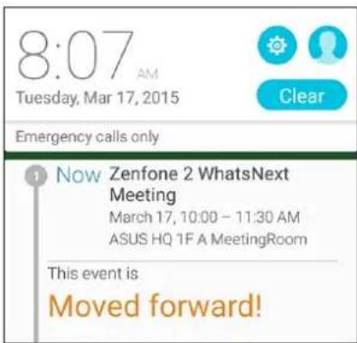 Phone screen: 8:07 AM, Tuesday, Mar 17, 2015. Emergency calls only. Notification: '1 Now Zenfone 2 WhatsNext Meeting March 17, 10:00 – 11:30 AM ASUS HQ 1F A MeetingRoom. This event is Moved forward!'