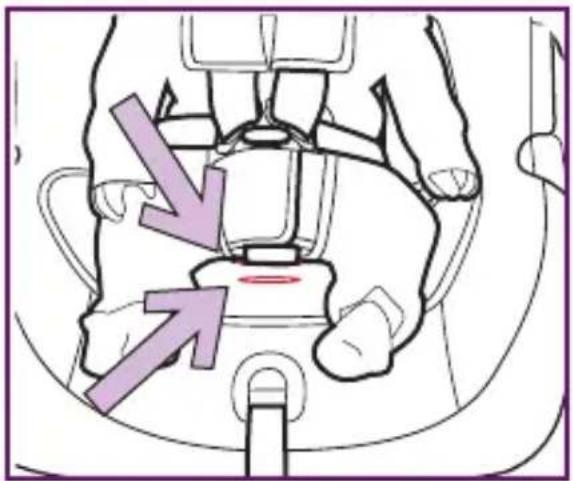 Diagram showing car seatbelt buckle assembly with purple arrows indicating specific components or parts of the seatbelt.