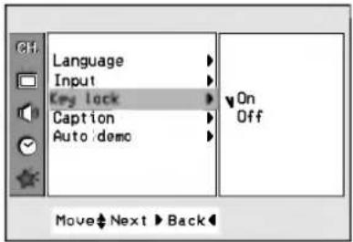 Language Input Key lock Caption Auto demo On Off Move Next Back