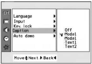 Language Input Key lock Caption Auto demo Off Model Model Text1 Text2 Move Next Back