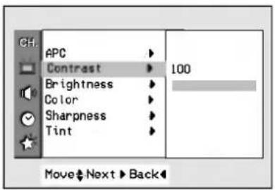 APC Contrast Brightness Color Sharpness Tint 100 Move Next Back