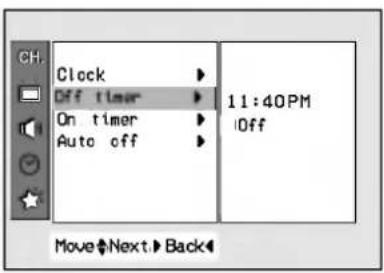 Clock Off timer On timer Auto off 11:40PM Off Move Next Back