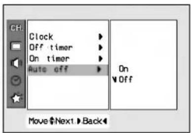 Clock Off timer On timer Auto off On ✓ Off Move Next Back