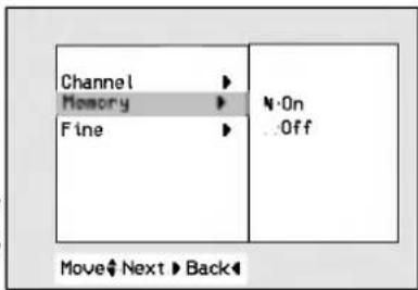 Channel Memory Fine N On . Off Move Next Back