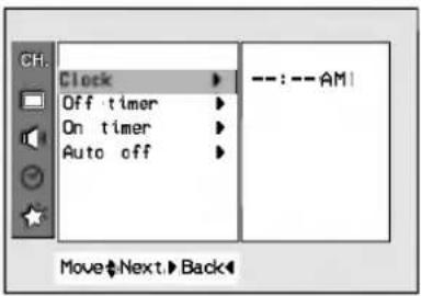 Clock Off timer On timer Auto off ---:---AM! Move Next Back