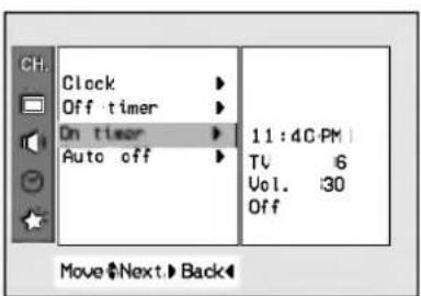 Clock Off timer On timer Auto off 11:40 PM TV 6 Vol. :30 Off Move Next Back
