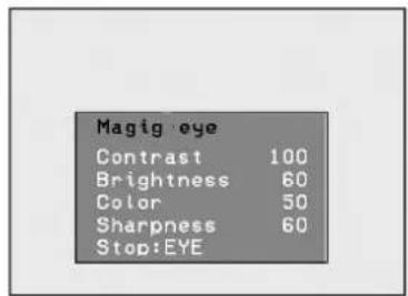 Magig eye Contrast 100 Brightness 60 Color 50 Sharpness 60 Stop:EYE