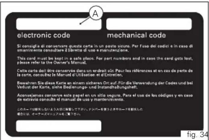 electronic code Sì consiglia di conservare questa carta in un posto sicuro. Per l'uso dei codici e in caso di smarrimento consultare il libretto di uso e manutenzione. This card must be kept in a safe place. For part numbers and in caso the card gets lost, please refer to the Owner's Manual. Cette carte doit être conservée dans un endroit sûr. Pour les références et en cas de perte de la carte, consultez le Manuel d'Utilisation et d'Entretien. Bewahren Sie diese Karte an einem sicheren Ort auf. Für die Verwendung der Codes und bei Verlust der Karte, siehe Bedienungs- und Instandhaltungshelt. Aconsejamos conserve este papel en un sitio seguro. Para el uso de los códigos y en caso de extravio consulte el manual de uso y mantenimiento. このカードは耐欠しないよう大切に保管して下さい。ナンバーを覚うときやカードを耐欠した場合には、オーナーズマニュアルをご覧下さい。 fig. 34