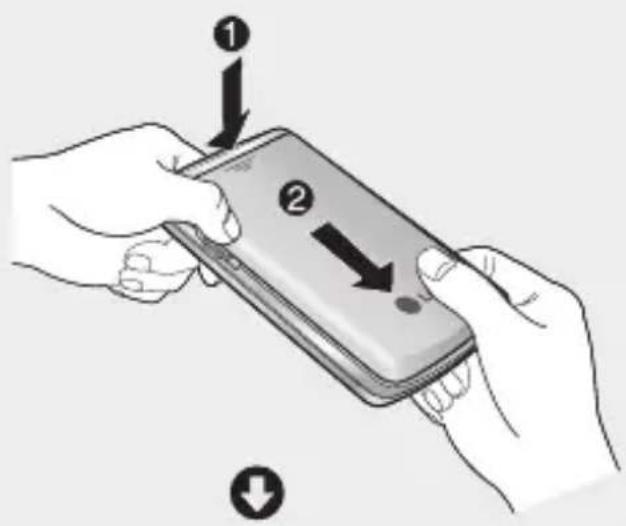 Diagram showing two hands holding a smartphone with labeled arrows indicating movement or change, marked with numbers 1 and 2.