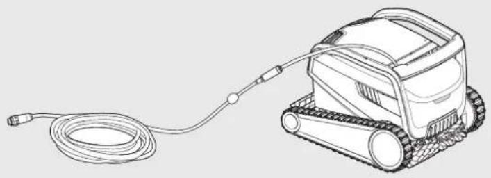 Line drawing of a tracked robot with attached hose and cable (no text or symbols)