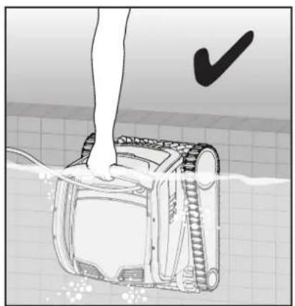 Illustration of a robotic device with a hand pressing down, showing water flow and a checkmark (no text or symbols)