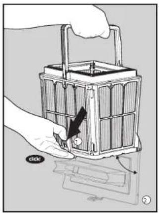 Diagram showing a hand using a tool to adjust or install a device, with labeled parts and directional arrows.