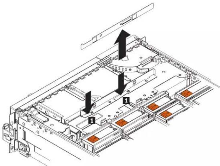 Technical diagram of a server rack with labeled components and directional arrows indicating assembly or movement.