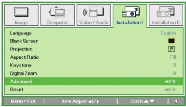 Language Blank Screen Projection Aspect Ratio Keystone Digital Zoom Advanced Reset English P Fill 0 0 Menu = Exit | Item Adjust ↕ ↗ | Scroll ▲▼ | √