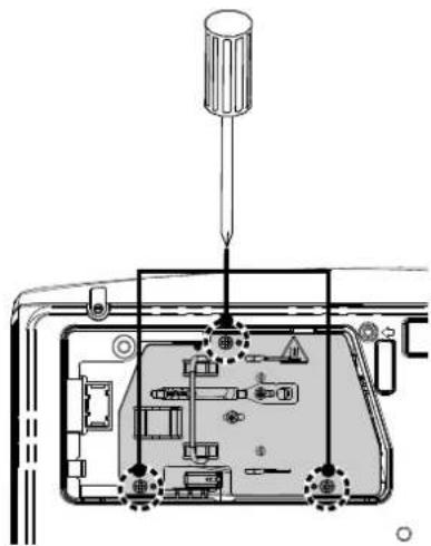 Technical diagram showing a screwdriver inserted into a device casing with internal components and wiring connections