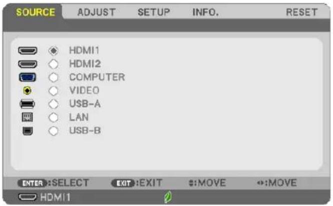 SOURCE ADJUST SETUP INFO. RESET HDMI1 HDMI2 COMPUTER VIDEO USB-A LAN USB-B ENTER:SELECT EXIT:EXIT :MOVE :MOVE HDMI1