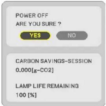 POWER OFF ARE YOU SURE ? YES NO CARBON SAVINGS-SESSION 0.000[g-CO2] LAMP LIFE REMAINING 100 [%]