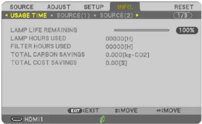SOURCE ADJUST SETUP INFO. RESET USAGE TIME SOURCE(1) SOURCE(2) 1/8 LAMP LIFE REMAINING LAMP HOURS USED 00000[H] FILTER HOURS USED 00000[H] TOTAL CARBON SAVINGS 0.000[kg-CO2] TOTAL COST SAVINGS 0.00[$] 100% EXIT:EXIT :MOVE :MOVE HDMI1