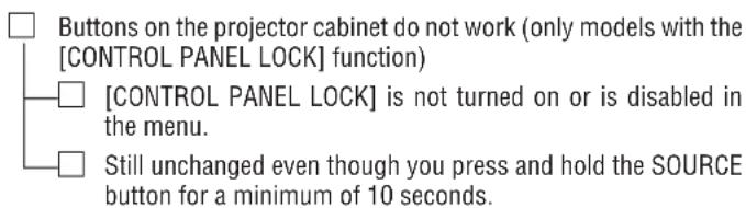 Buttons on the projector cabinet do not work (only models with the [CONTROL PANEL LOCK] function) [CONTROL PANEL LOCK] is not turned on or is disabled in the menu. Still unchanged even though you press and hold the SOURCE button for a minimum of 10 seconds.