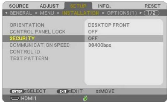 SOURCE ADJUST SETUP INFO. RESET GENERAL MENU INSTALLATION OPTIONS(1) 1/2 ORIENTATION CONTROL PANEL LOCK DESKTOP FRONT OFF SECURITY COMMUNICATION SPEED CONTROL ID TEST PATTERN 38400bps ENTER: SELECT EXIT: EXIT MOVE HDMI1