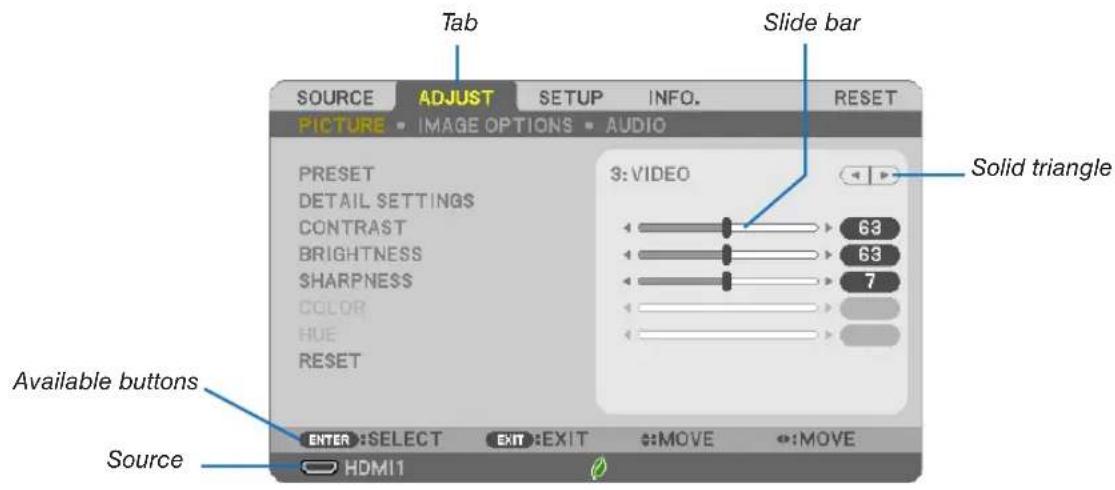 Tab Slide bar SOURCE ADJUST SETUP INFO. RESET PICTURE • IMAGE OPTIONS • AUDIO PRESET DETAIL SETTINGS CONTRAST BRIGHTNESS SHARPNESS COLOR HUE RESET 3: VIDEO Solid triangle Available buttons Source ENTER: SELECT EXIT: EXIT :MOVE :MOVE HDMI1