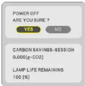 POWER OFF ARE YOU SURE ? YES NO CARBON $AVINGS-SESSION 0.000[g-CO2] LAMP LIFE REMAINING 100 [%]
