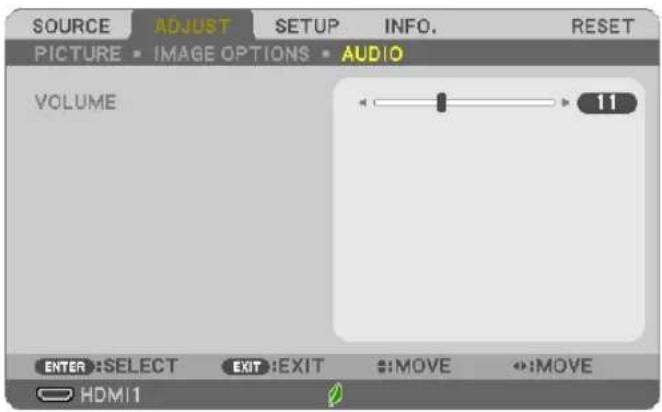 SOURCE ADJUST SETUP INFO. RESET PICTURE IMAGE OPTIONS AUDIO VOLUME 11 ENTER:SELECT EXIT:EXIT :MOVE :MOVE HDMI