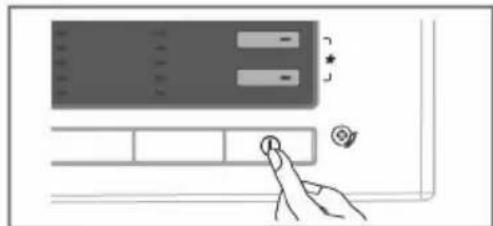 Diagram showing a hand pressing a button on a device panel with control buttons and a scroll icon, indicating action or status.