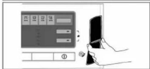 Diagram showing a hand holding a device with control panel and display, alongside a digital interface panel with status indicators.