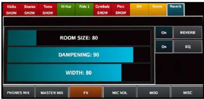 Kicks SHOW Snares SHOW Toms SHOW Hi-Hat Ride 1 Cymbals SHOW Perc SHOW OH Room Reverb ROOM SIZE: 80 DAMPENING: 90 WIDTH: 80 On REVERB On EQ PHONES MIX MASTER MIX FX MIC VOL MOD MISC