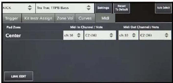KICK Tru Trac TTPB Bass Settings Reset To Default Auto Select Trigger Kit Instr Assign Zone Vol Curves Midi Pad Zone Midi In Channel / Note Midi Out Channel / Note Center ch:10 C2 (36) ch:10 C2 (36) LINK EDIT