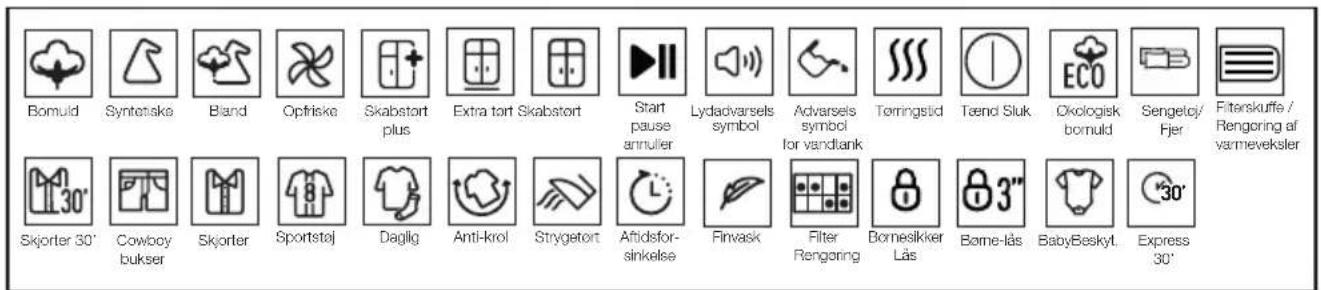 Bomuld Syntetske Bland Opfriske Skabstort plus Extra tort Skabstort Start pause annulier Lydadvarsels symbol Advarsels symbol for vandlank Tørringstid Teend Sluk Eco Okologisk bornuld Sengetcj/Fjer Fiftorskuffe / Rengoring af varmeveksler Skjorter 30' Cowboy bukser Skjorter Sportstaj Daglig Anti-krol Strygetort Aftdsfor-sinkelse Finvask Filter Rengering Bornesikker Lås Borne-lås BabyBeskyt. Express 30'