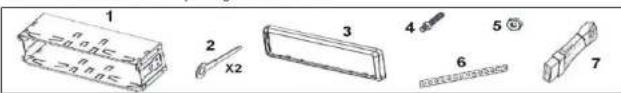 Diagram showing seven labeled mechanical components or parts, including rectangular blocks and cylindrical bodies with numbered labels.